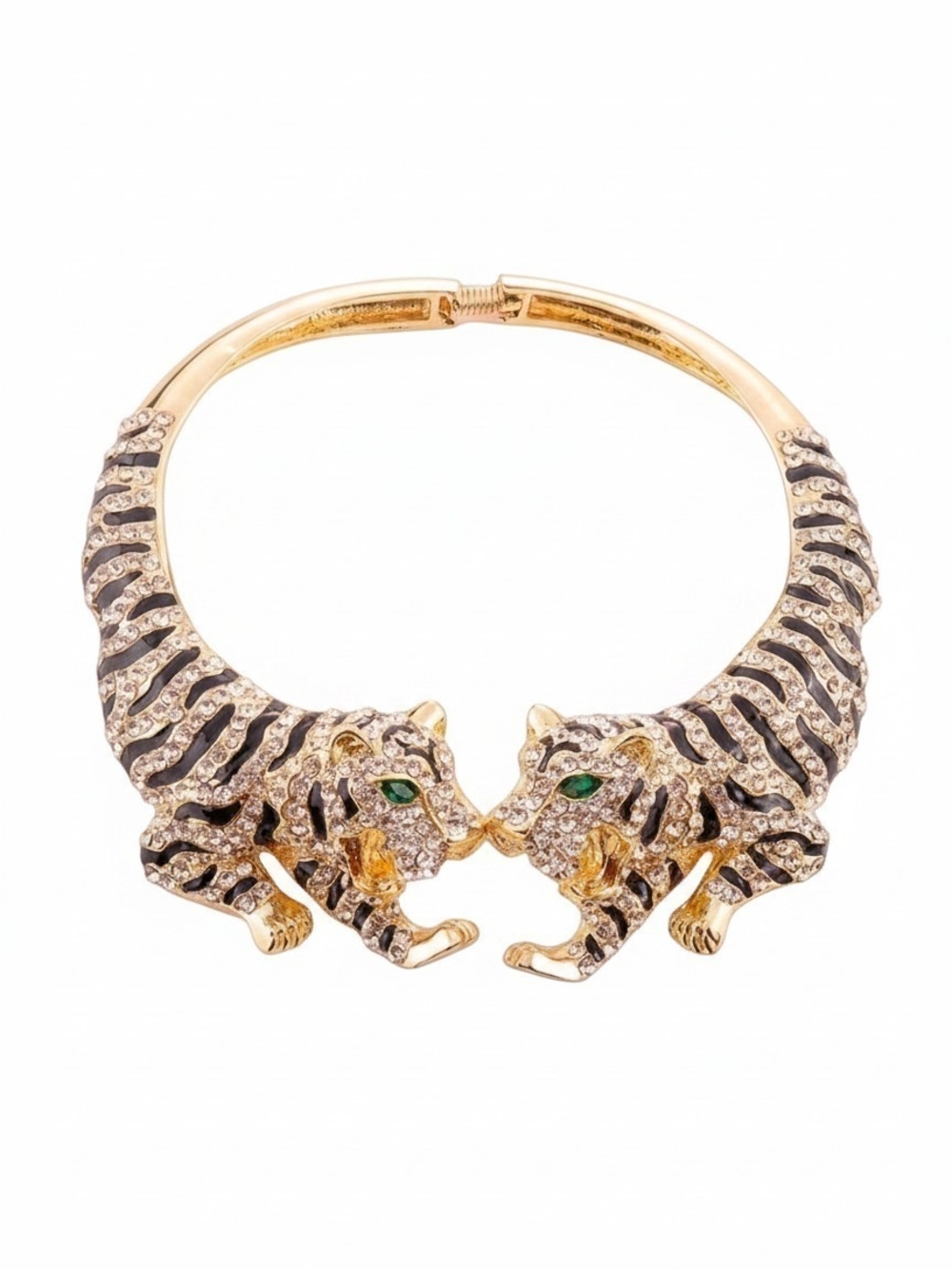 💚▪️Natasha Couture ▪️ Gold-Tone  Green Eye Tiger Head Crystal Collar Necklace